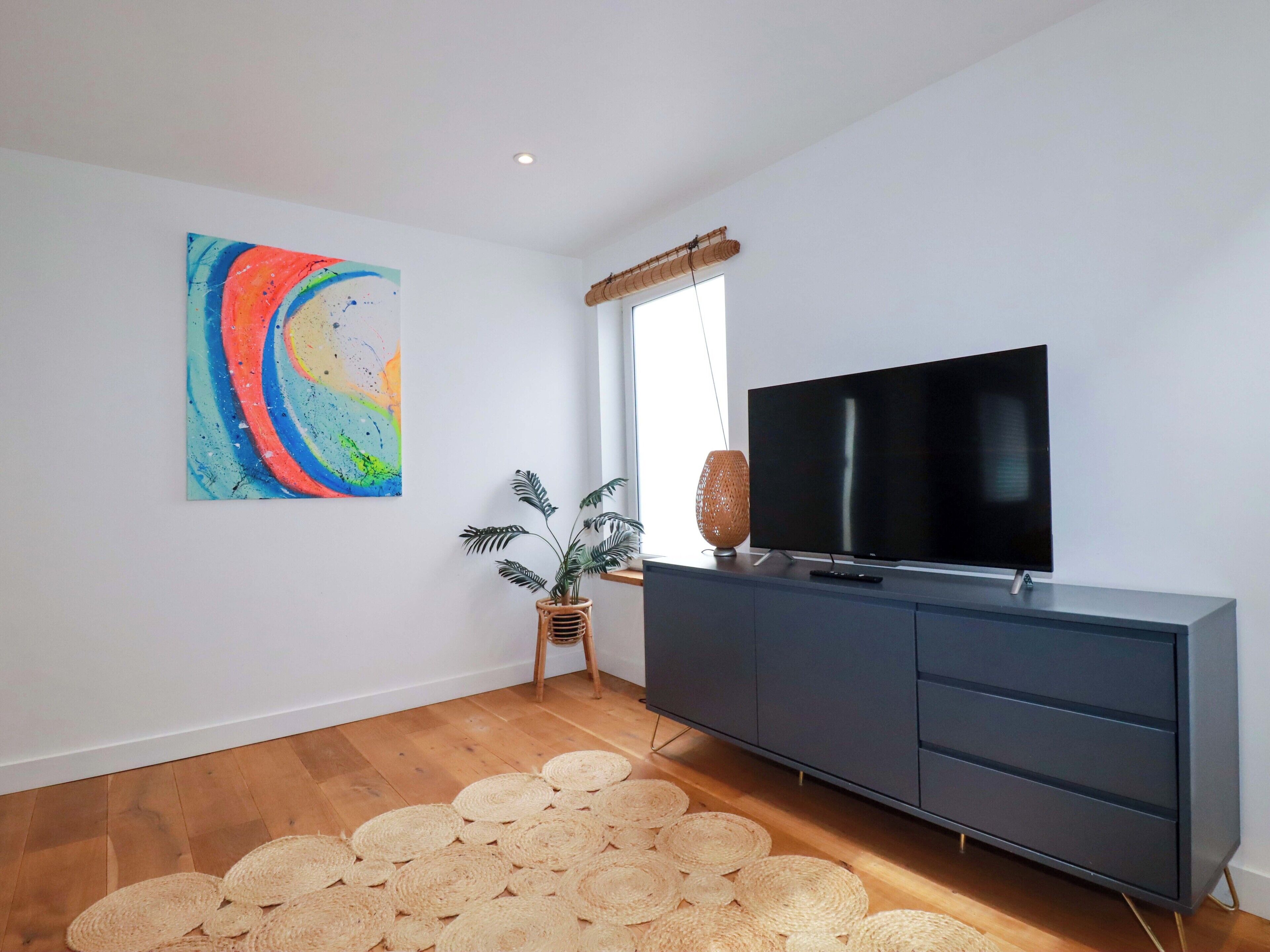 Ein modernes Wohnzimmer mit Fernseher, einem dunkelgrauen Schrank, einem farbenfrohen abstrakten Gemälde, einer Topfpflanze und einem Webteppich.