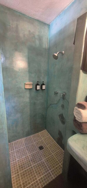 Chuveiro, toalhas de banho, shampoo 