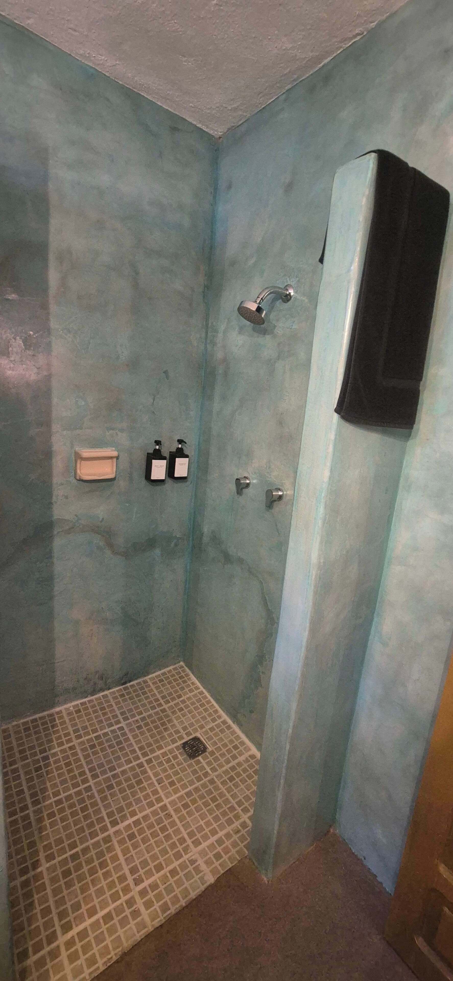Shower, towels, shampoo