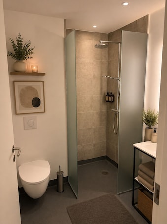 Shower, hair dryer, towels, soap. Hotel Kongens Ege