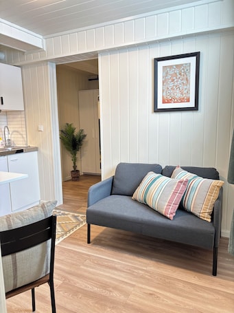 A living room with a grey sofa, a small table, a potted plant, and a framed abstract art piece on the wall.. Rygge Apartments