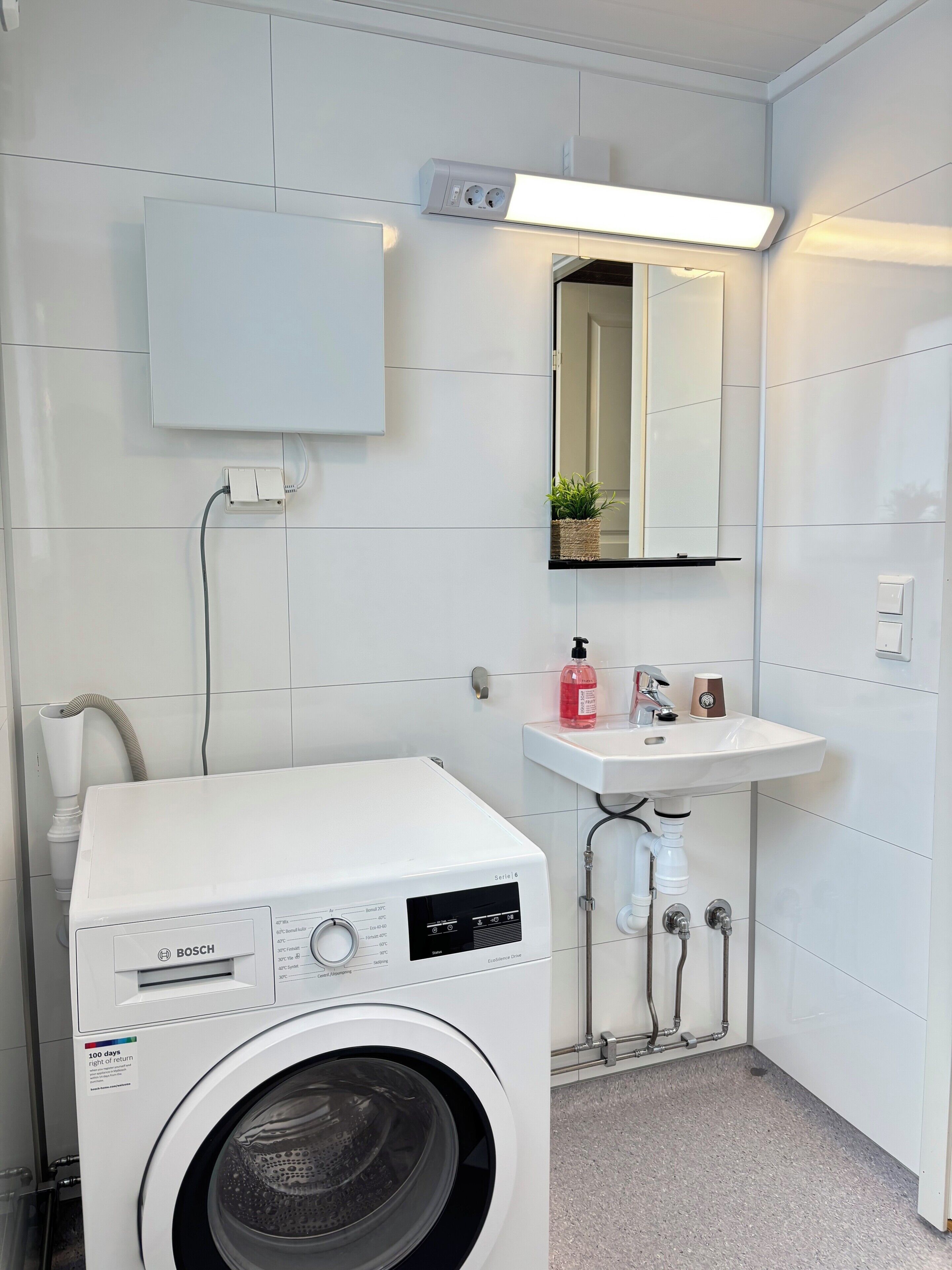 A modern laundry room with a Bosch washing machine, a sink, and a mirror.