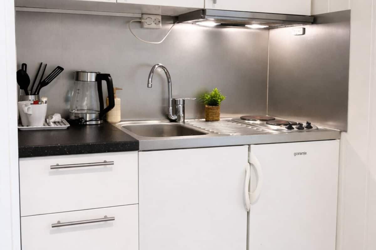 A modern kitchen with white cabinets, stainless steel appliances, a coffee maker, and a small plant.
