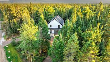 A modern house surrounded by dense forest, with a clear sky above.