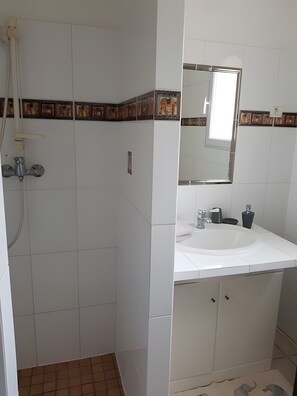 Shower, hair dryer, towels - Room 'Le Petit Ramsès - Elephants' with Shared Pool, Wi-Fi and Air Conditioning (Sainte-Maxime)