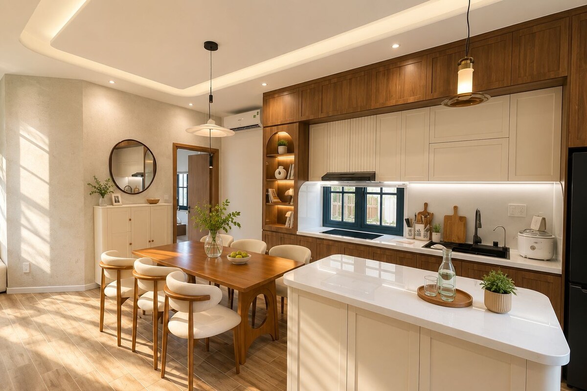 A modern kitchen with a central island, wooden cabinets, and pendant lighting.