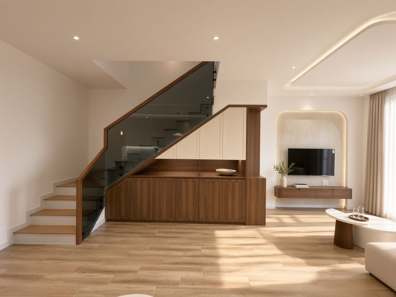 Un saló modern amb escala de fusta, televisió plana i disseny minimalista.
