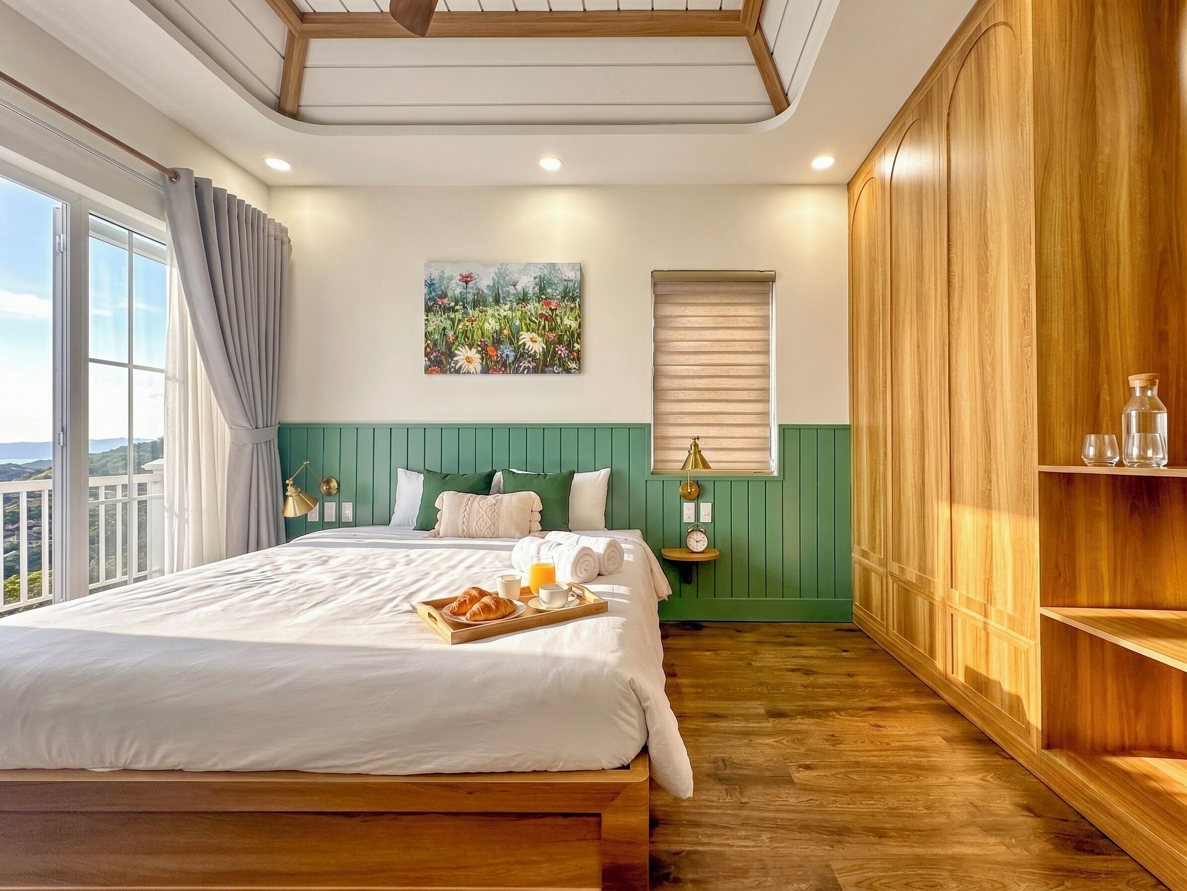 A bedroom with a large bed, a bedside table with a clock, and a window with curtains.