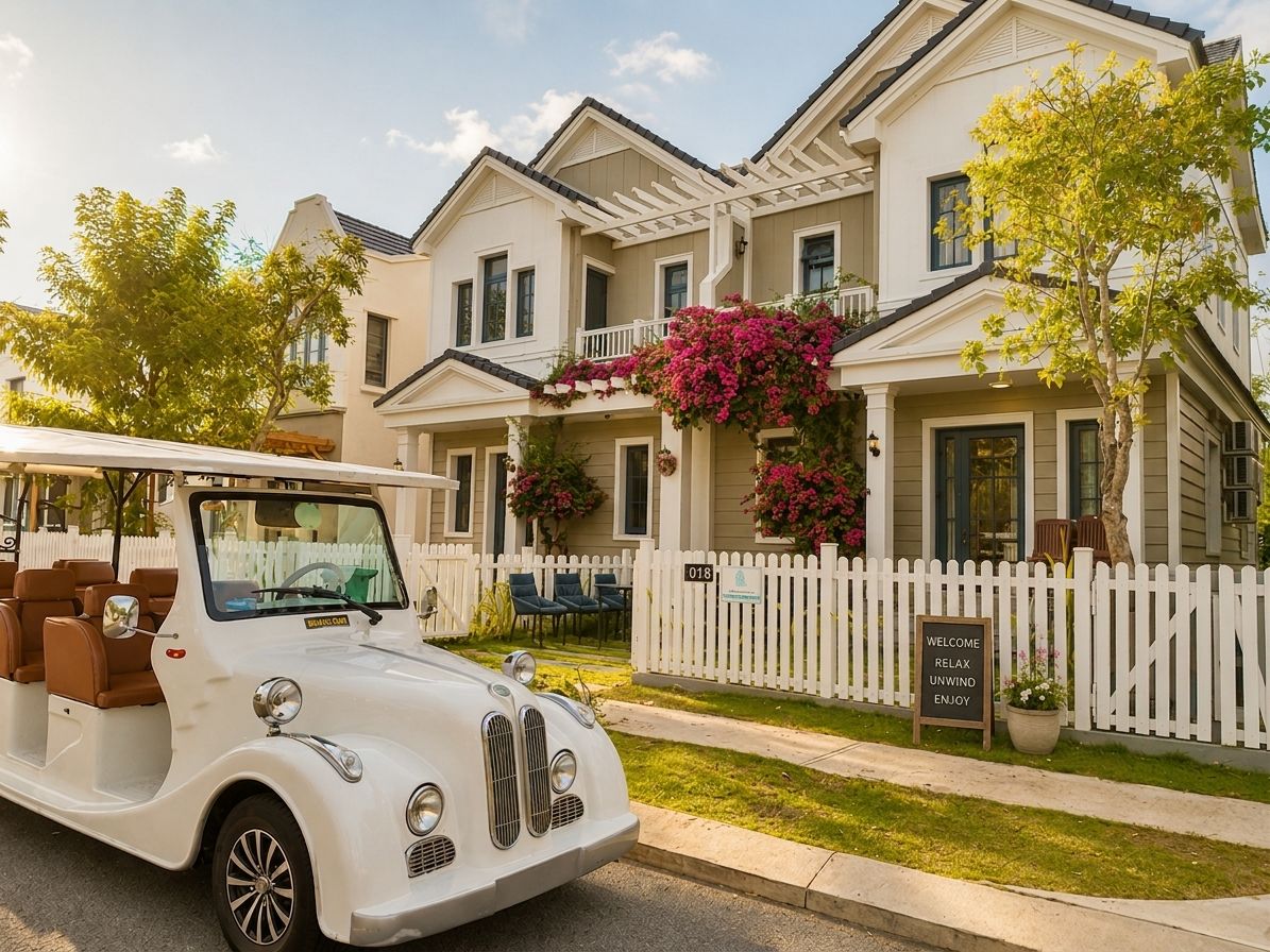 Un coche antiguo blanco estacionado frente a una hilera de casas color beige con valla de piquete blanca, un letrero de bienvenida y una planta en maceta.