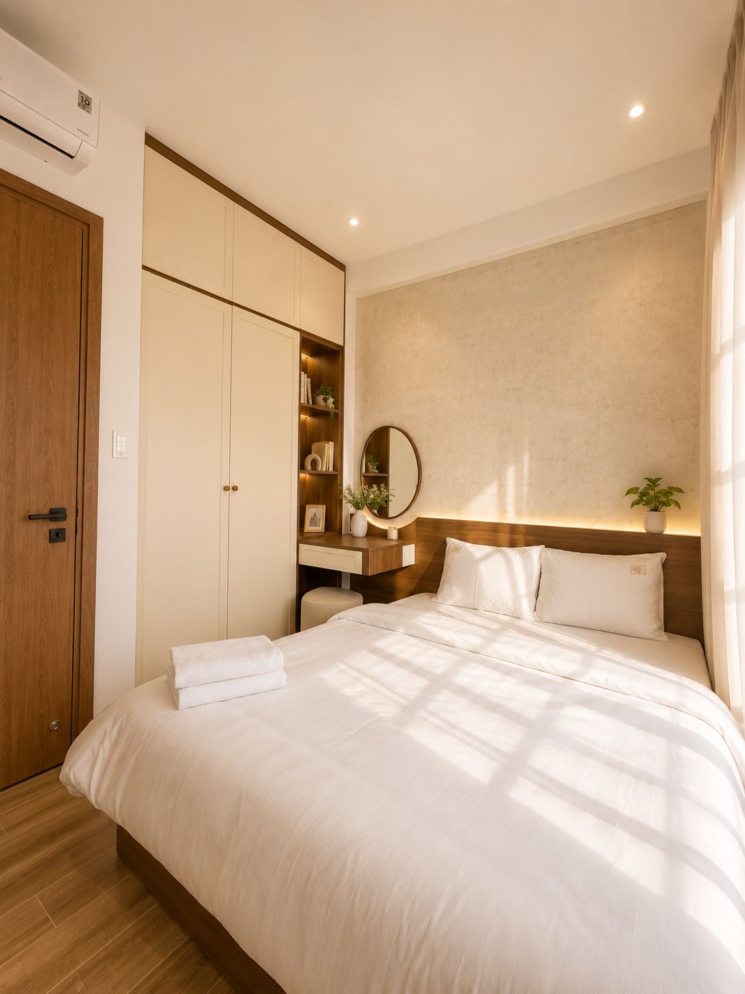 A hotel room with a large bed, a wooden wardrobe, a bedside table with a mirror, and a wall-mounted light fixture.