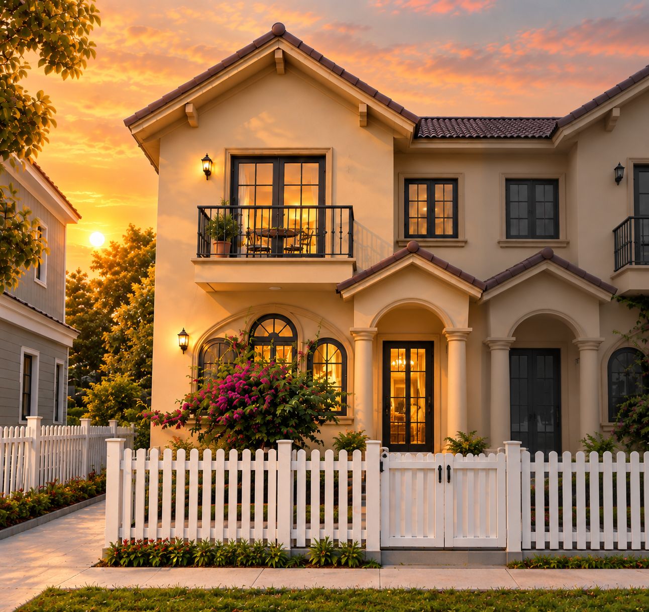 A two-story house with a balcony, a white picket fence, and a well-maintained garden.