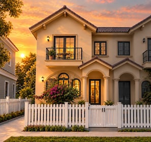 A two-story house with a balcony, a white picket fence, and a well-maintained garden. - Novaworld Phan Thiet - Mira Villas (Tien Thanh)