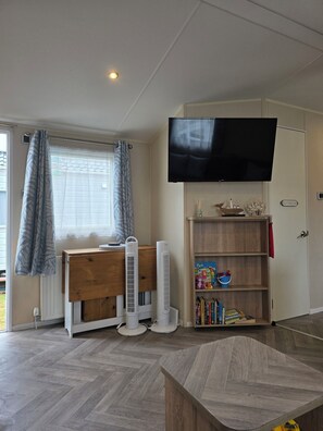 A room with a TV, a bookshelf, a desk, and a window with curtains.