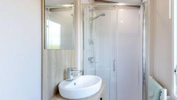 A modern bathroom with a glass-enclosed shower, a white sink, and a mirror.