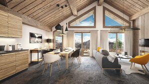 A spacious living area with a fireplace, dining table, and modern furniture. - TERRESENS - Le Caprice Blanc (La Toussuire)