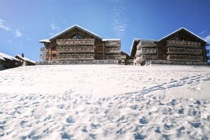 Un immeuble en bois à plusieurs étages, doté de balcons, se dressant sur fond de paysage enneigé.