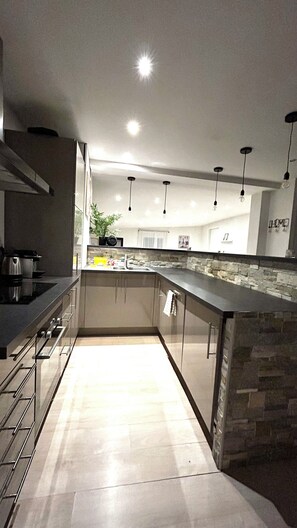 A modern kitchen with a stone accent wall, stainless steel appliances, and pendant lighting. - Luxury residence near Monaco with parking and swimming pool (Beausoleil)