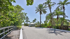 A paved pathway leading to a building with a white roof, surrounded by palm trees and greenery. - Perico Bay Club Condo | 30+ Nights, Resort Amenities, Minutes to AMI (Bradenton)
