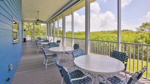A covered outdoor patio with tables and chairs, large windows, and a view of greenery. - Perico Bay Club Condo | 30+ Nights, Resort Amenities, Minutes to AMI (Bradenton)