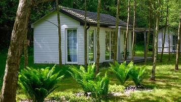 Une petite cabane blanche dotée d’un porche, entourée d’une végétation luxuriante et de fougères.