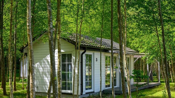 A small, single-story cabin with a sloped roof, surrounded by a forest. - Comfortable holiday home no. 2B with a fireplace (Darlowo)