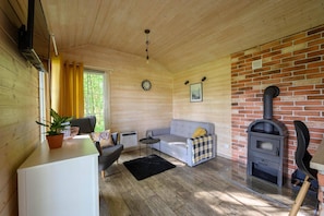 A cozy cabin interior with a sofa, a small table, a potted plant, a fireplace, and a clock on the wall. - Comfortable holiday home no. 3B with a fireplace (Darlowo)
