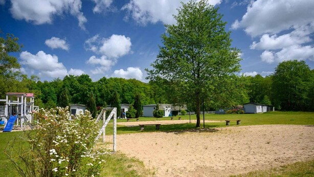 Un terrain de jeux avec un toboggan et une zone délimitée par une clôture, entouré d’arbres et de maisons.