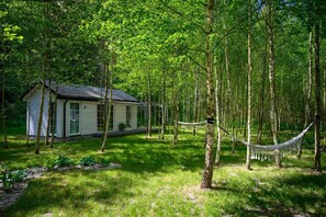 Eine Hütte, umgeben von einem Wald, mit einer Hängematte.