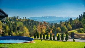 A swimming pool surrounded by a well-maintained lawn, with a view of a forest and mountains in the background.