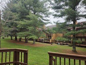 A lodge with a wooden deck, surrounded by pine trees, and a building with a wooden exterior.