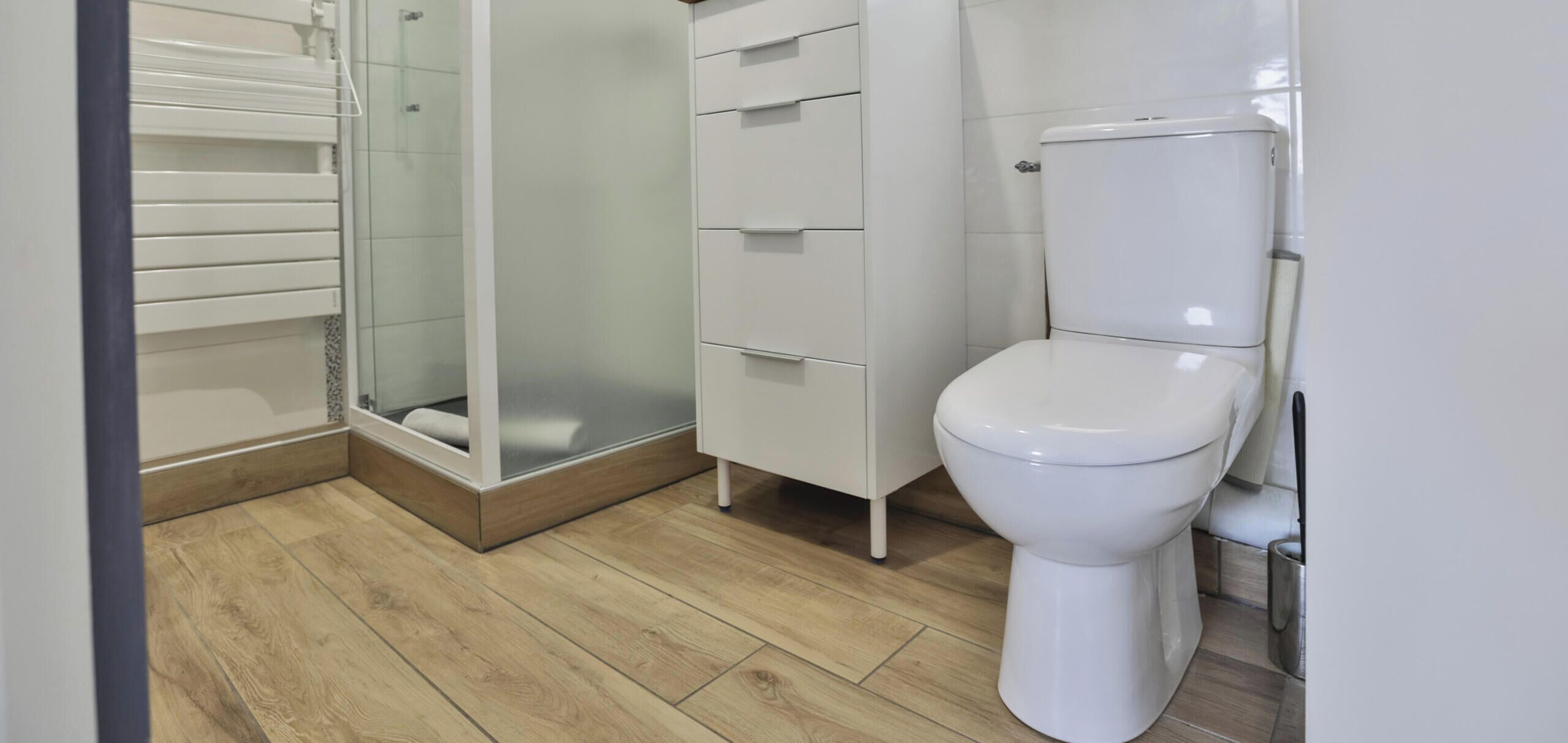 A bathroom with a shower, toilet, and a white cabinet.