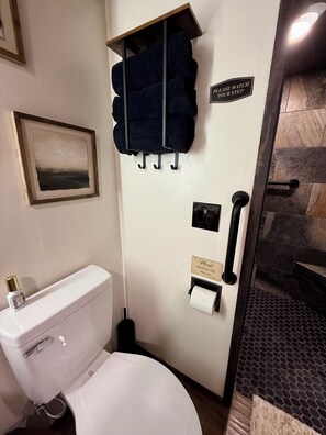 Shower, hair dryer, towels, soap
