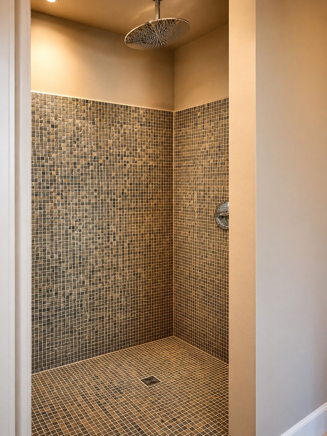 A shower with a unique mosaic tile design on the walls and floor.