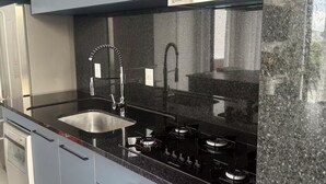 A modern kitchen with grey cabinets, a stainless steel sink, and a gas stove. - Duplex Penthouse with Jacuzzi and Views of 2 Beaches (Bombinhas)