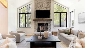 TV connectée, cheminée, livres