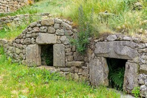 A stone structure with two openings, surrounded by grass and plants.
