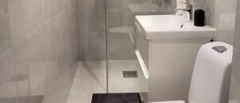 Shower, hair dryer, towels, soap