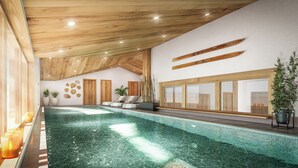 An indoor swimming pool with wooden ceiling beams, a seating area, and potted plants. - TERRESENS - La Perle d'Alba (Huez)
