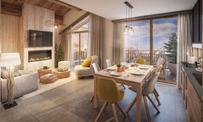 A modern living room with a dining area, wooden floors, a flat-screen TV, and a large window with a view.