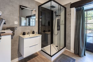 Shower, hair dryer, towels