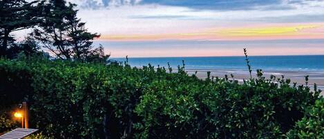 An outdoor seating area with a table and chairs, a hedge, and a view of the beach and ocean.
