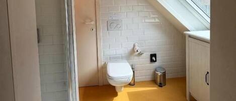 A small, modern bathroom with a skylight, a white toilet, and a small trash bin.