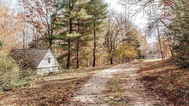Un sendero rural que lleva a una pequeña casa blanca de techo a dos aguas, rodeada de árboles y un edificio distante.