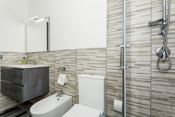 Shower, hair dryer, towels