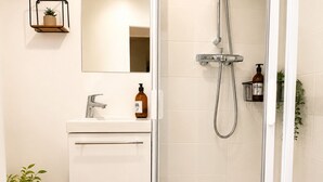 A bathroom with a white sink, a mirror, a shower with a handheld showerhead, and a bottle of soap. - Cosy apartment in the historic district of La Doutre - 2 guests (Angers)