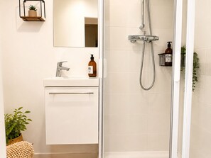 Chuveiro, secador de cabelo, toalhas de banho 