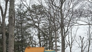 A wooden playhouse with a slide and swing set in a grassy yard. - Peaceful and updated 4-bedroom house in East Quogue (East Quogue)