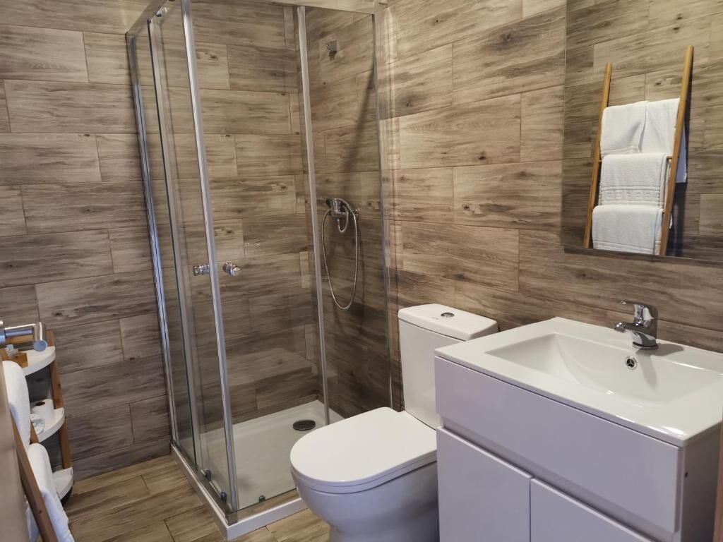 Un baño con ducha de vidrio, inodoro y lavabo con espejo superior.