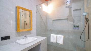 Shower, hair dryer, towels, soap