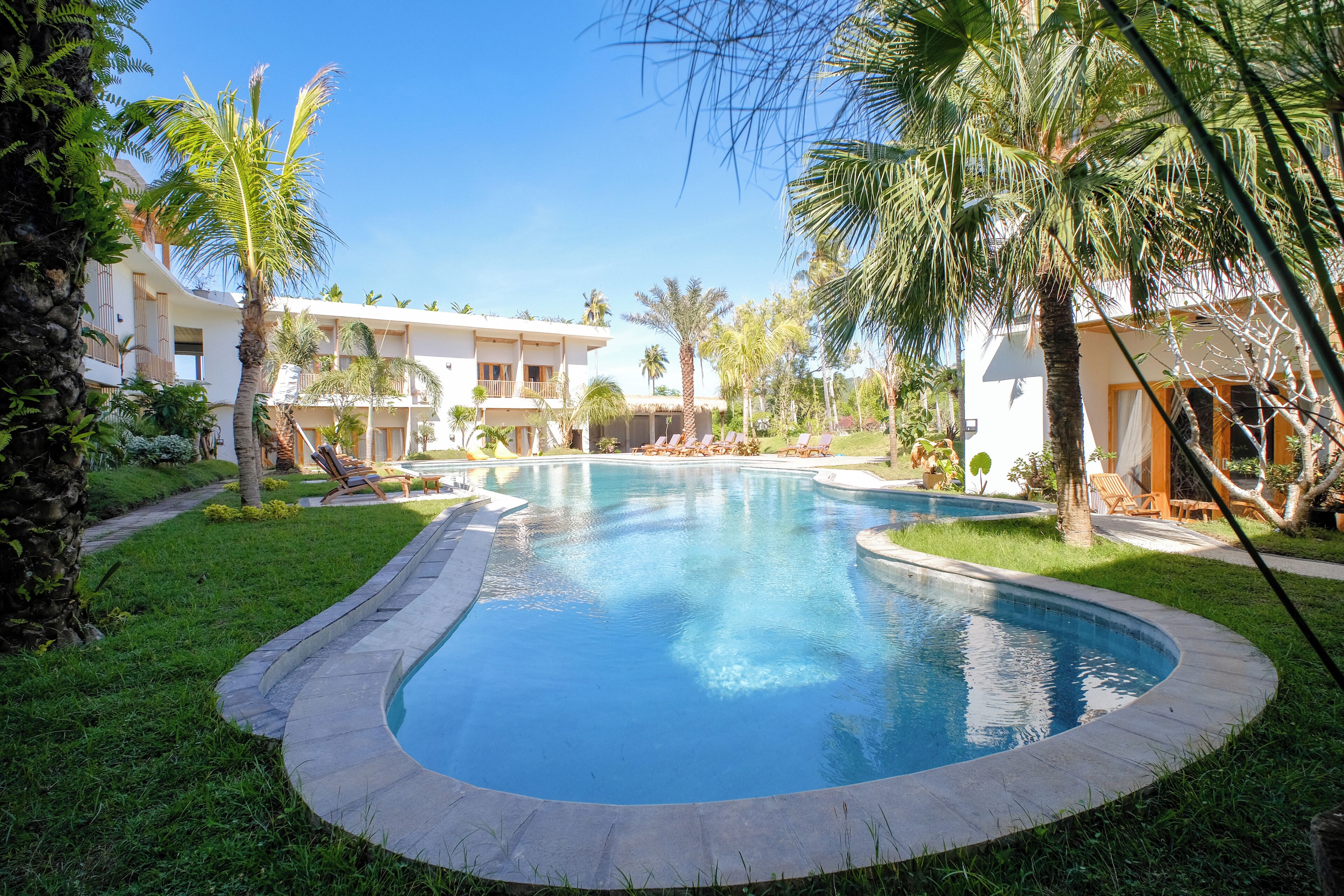 A swimming pool surrounded by palm trees and lounge chairs, with a building in the background.